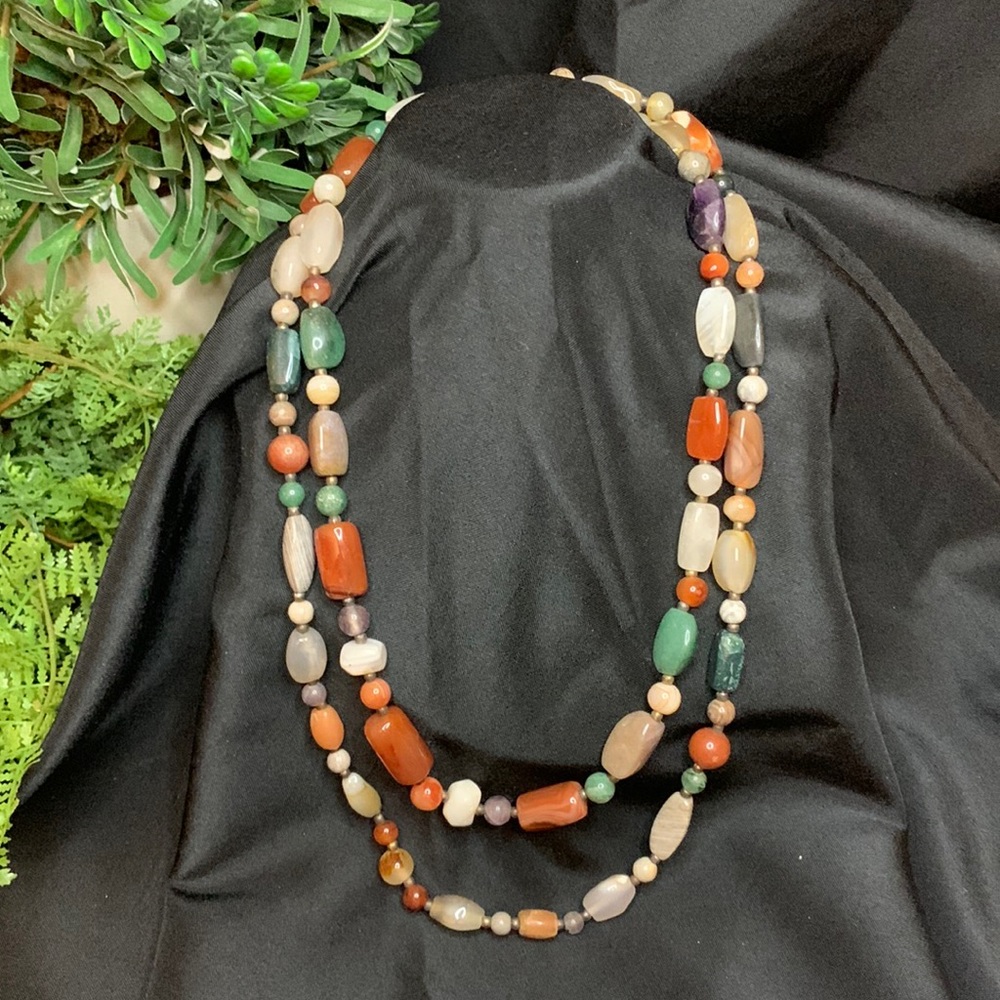 Vintage 50” Genuine Agate natural form Stone Bead Necklace w/ Gold tone spacers